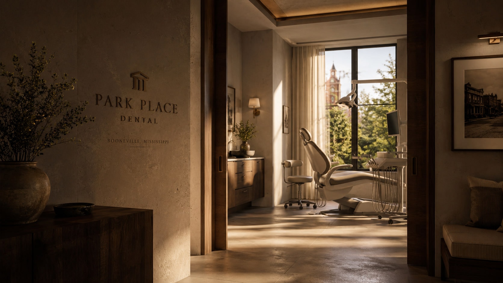 The entry hall at Park Place Dental looking through to a treatment room filled with afternoon light