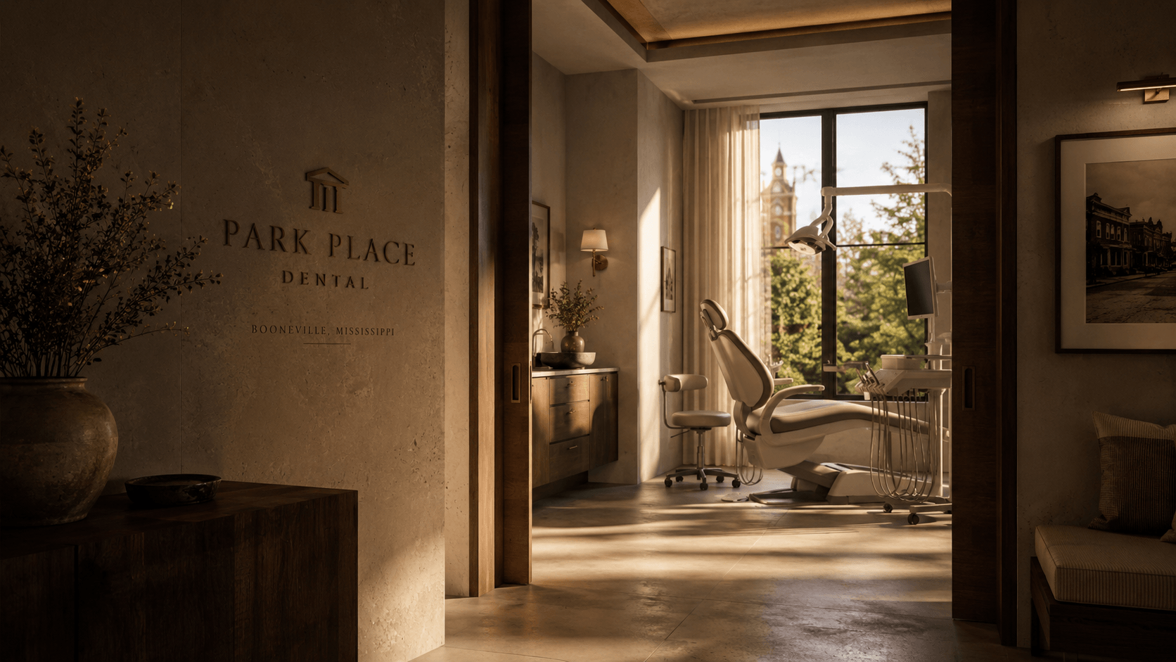 The entry hall at Park Place Dental looking through to a treatment room filled with afternoon light
